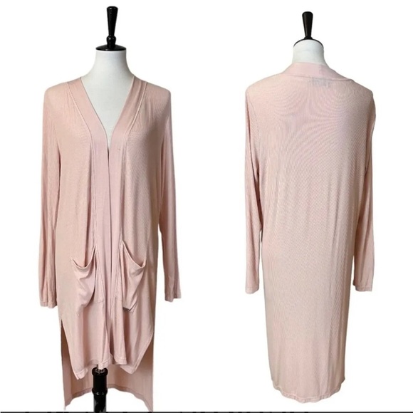 DKNY NWOT Open Front Ribbed Knit Long SLV Blush Pink 2 Pocket Cardigan Duster S - Picture 1 of 16